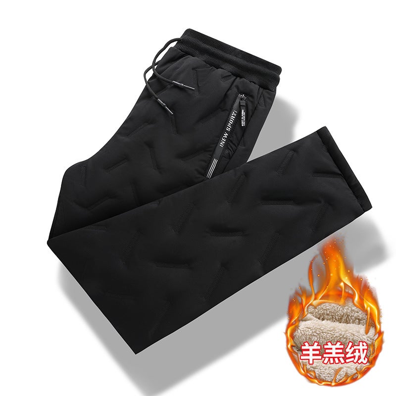 Printed Logo Lamb Fleece Casual Pants Mens Winter Thickened Warm plus size Loose Sports Leg Bundles Down Cotton Pants Black straight  - Image 1