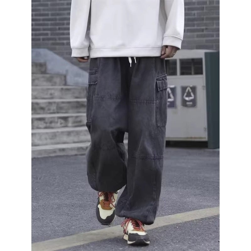 2024 Men'S And Women'S Overalls Wide Leg Jeans Men'S Hong Kong Style Loose Oversize Large Pocket Retro Street Pants - Image 5