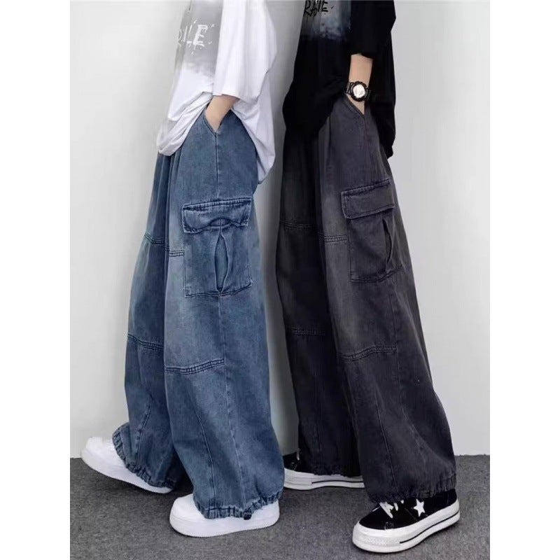 2024 Men'S And Women'S Overalls Wide Leg Jeans Men'S Hong Kong Style Loose Oversize Large Pocket Retro Street Pants - Image 2