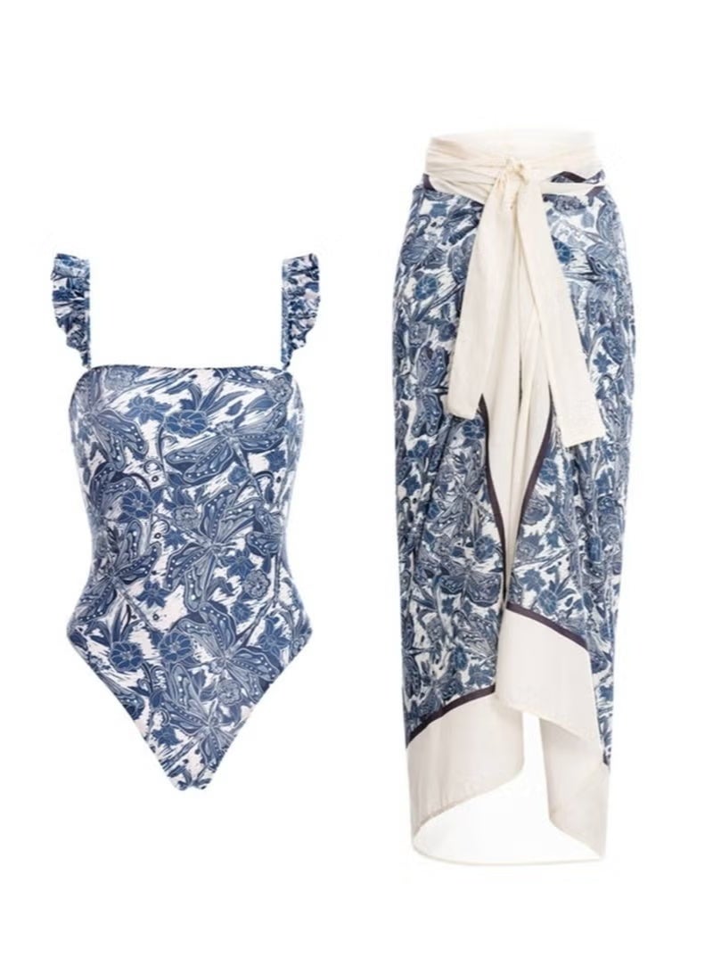 2PCS New One-Piece Women's Swimsuit Retro Swimwear Chiffon Beach Skirt Swimsuit Suit - Image 1