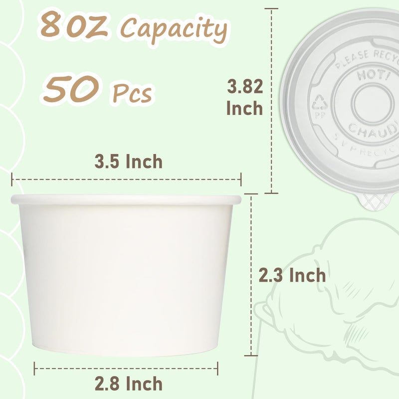 ESSENTIAL Paper Ice Cream Cups with Lids, 50pcs 8oz Disposable Dessert Bowls with Lids for Hot or Cold Food, Paper Snack Containers for Sundae, Frozen Yogurt, Soup (White) - Image 2