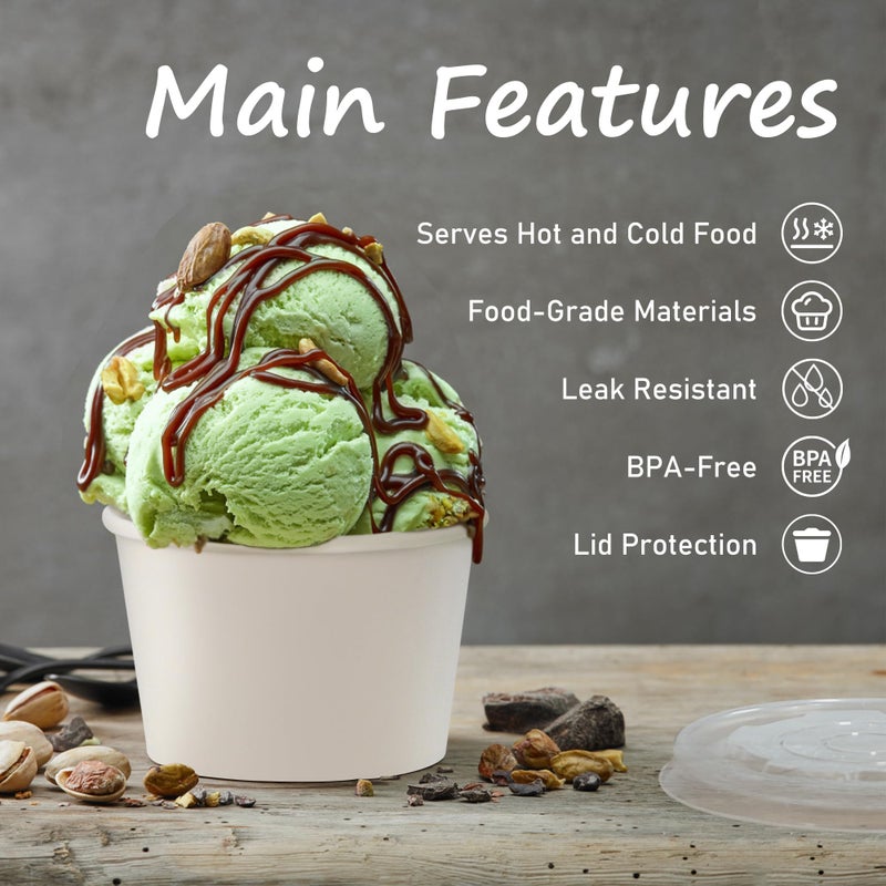 ESSENTIAL Paper Ice Cream Cups with Lids, 50pcs 8oz Disposable Dessert Bowls with Lids for Hot or Cold Food, Paper Snack Containers for Sundae, Frozen Yogurt, Soup (White) - Image 3