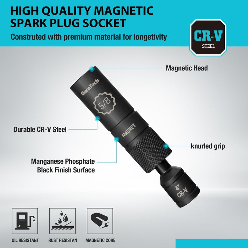 DURATECH 5/8" Swivel Magnetic Spark Plug Socket, 1MM Thin Wall Spark Plugs Socket with 12-Point, Enhanced Magnetic Head & Manganese Phosphate Coating, 3/8" Drive x 4" Total Length, Cr-V Steel Made - Image 3