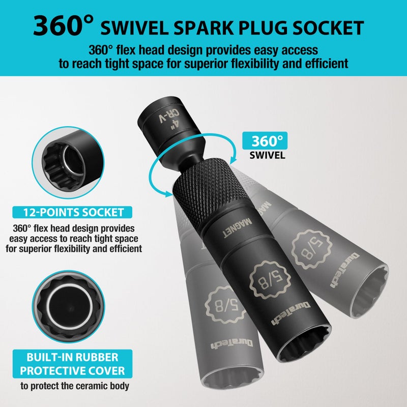 DURATECH 5/8" Swivel Magnetic Spark Plug Socket, 1MM Thin Wall Spark Plugs Socket with 12-Point, Enhanced Magnetic Head & Manganese Phosphate Coating, 3/8" Drive x 4" Total Length, Cr-V Steel Made - Image 4