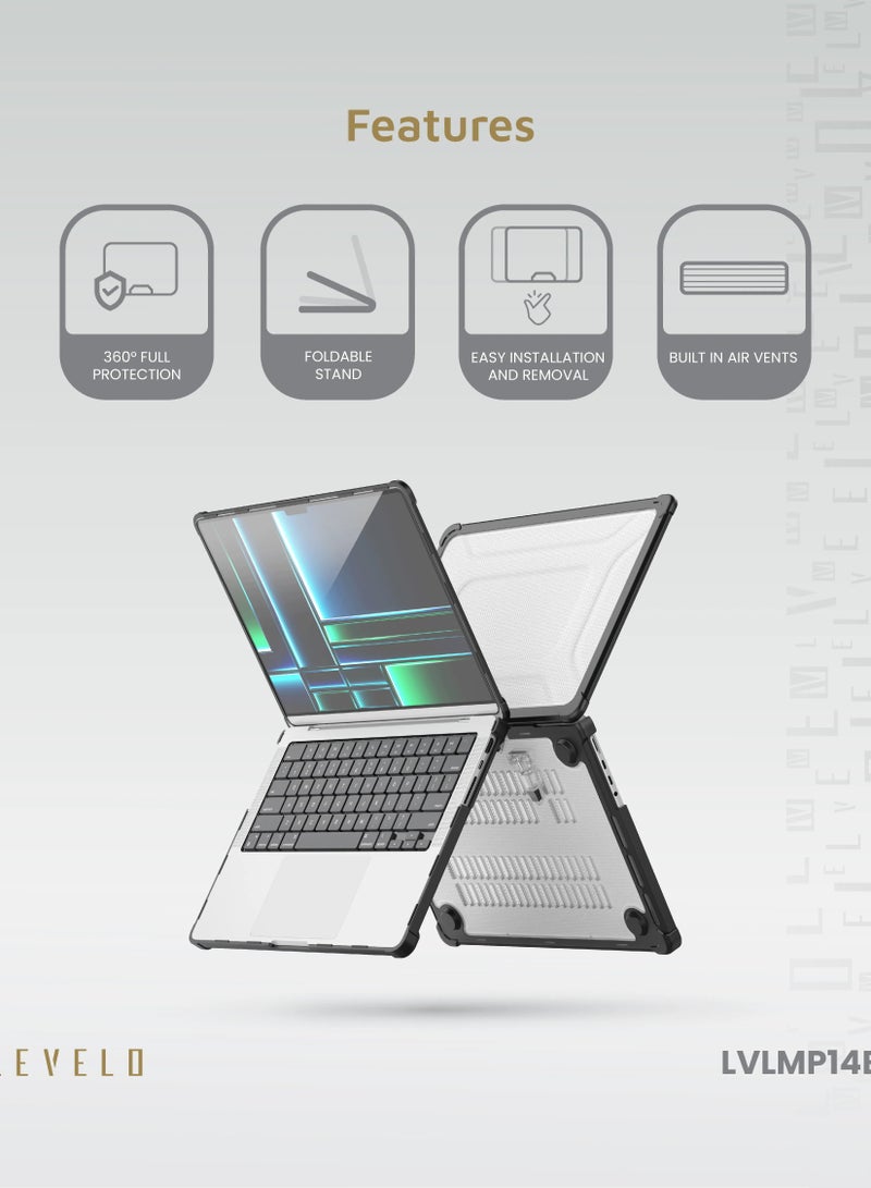 LEVELO Espectro Macbook Pro 14inch Case / Foldable Stand / 360° Full Protection / Built in Air Vents / Easy Installation - Black  - Image 2