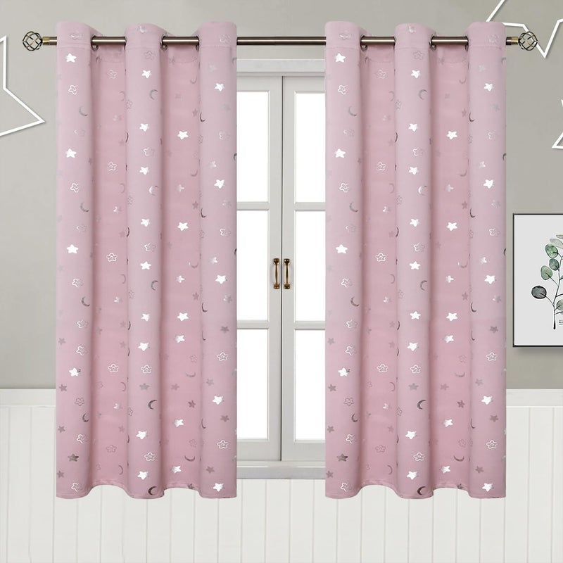 BGment Pink Room Darkening Curtains for Girls Bedroom Star and Moon Blackout Curtains for Kids Room 45Inch Long Thermal Insulated Grommet Window Drapes for Nursery 2 Panels 42 Wide
