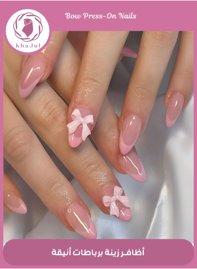 KHAJUL 24 Pcs Press on Nails Short Almond  Pink French Tip Fake Nails False Nails with Designs Light Pink Bow Charm Full Cover Glossy Glue on Nails Acrylic Nails for Women Girls - Image 1