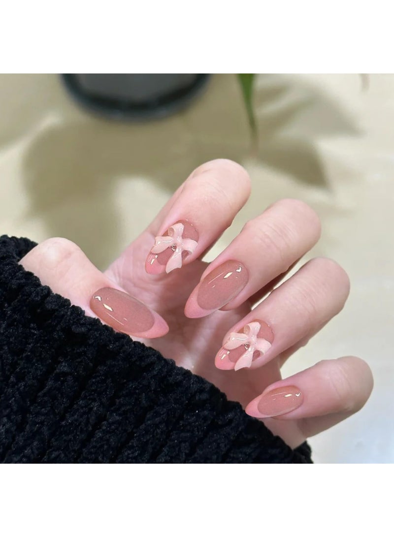 KHAJUL 24 Pcs Press on Nails Short Almond  Pink French Tip Fake Nails False Nails with Designs Light Pink Bow Charm Full Cover Glossy Glue on Nails Acrylic Nails for Women Girls - Image 2