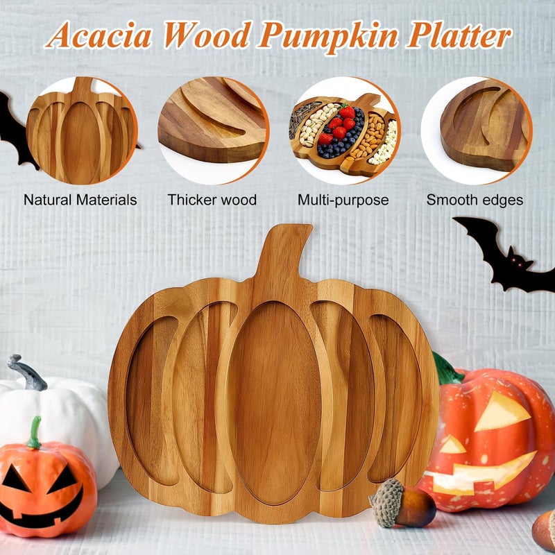 Renawe Acacia Wood Pumpkin Decor Halloween Charcuterie Boards for Kitchen Halloween Decoration Rustic Fall Serving Tray Food Dish Wooden Pumpkins Platter Thanksgiving Decorative Cheese Turkey Board - Image 3
