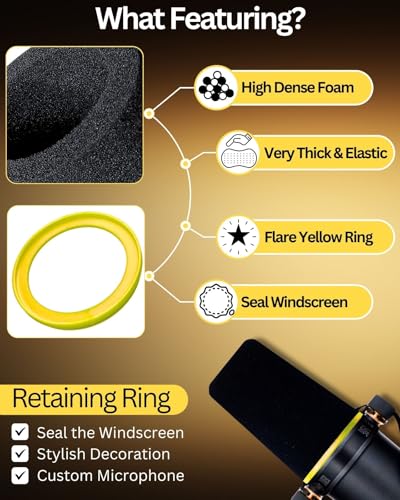 RhymKawa SM7b Foam Cover for Shuer SM7B, MV7 POP Filter RK345 Replacement, Windscreen with Colored Retaining O-Ring Identified Seat (Yellow) - Image 2