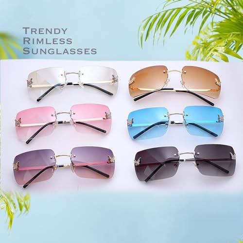 knliwkm Rimless Rectangle Y2k Sunglasses for Women Men Cute Small Frameless Blue Tinted Lens 2000S Fashion Shades with Butterfly - Image 2