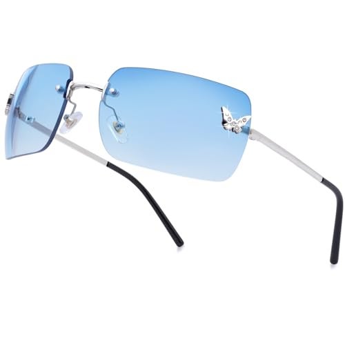 knliwkm Rimless Rectangle Y2k Sunglasses for Women Men Cute Small Frameless Blue Tinted Lens 2000S Fashion Shades with Butterfly - Image 1