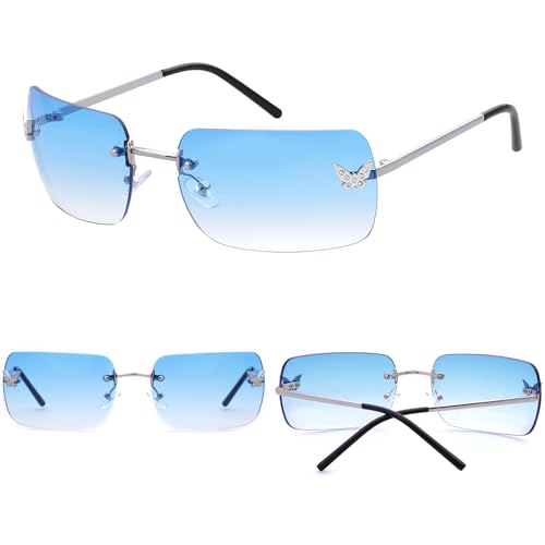 knliwkm Rimless Rectangle Y2k Sunglasses for Women Men Cute Small Frameless Blue Tinted Lens 2000S Fashion Shades with Butterfly - Image 5