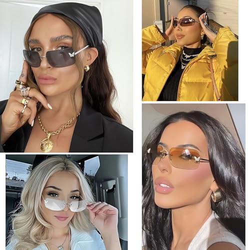 knliwkm Rimless Rectangle Y2k Sunglasses for Women Men Cute Small Frameless Blue Tinted Lens 2000S Fashion Shades with Butterfly - Image 3