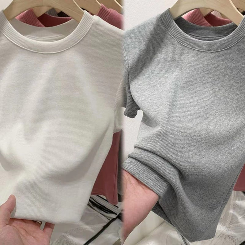 Dopamine Threaded Slim-fit Shoulder T-shirt Womens Short-sleeved Summer New Ins All-match Slim-fit Slim-fit Round Neck White + gray [two-piece pack]