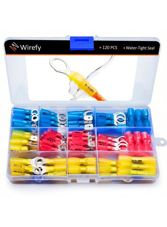 Wirefy Heat Shrink Wire Connectors - Electrical Connectors Kit - Marine Automotive Crimp Terminals - 22-10 Gauge - 120 PCS - Image 1