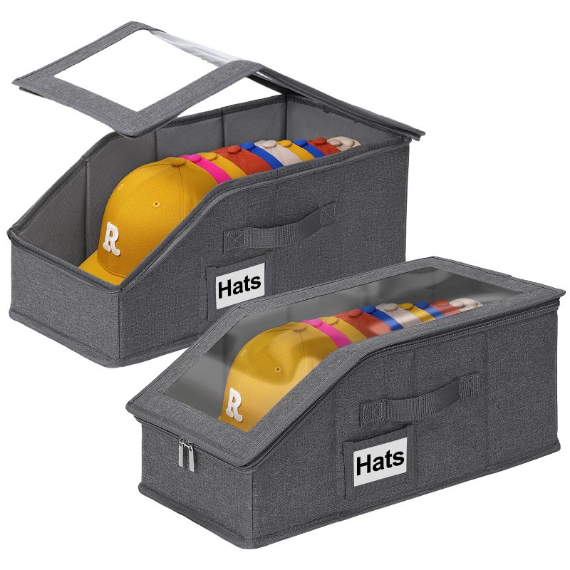 Dofilachy 2 PCS Stackable Hat Storage for Baseball Caps with Clear Window Lidï¼ŒHolds up to 28 Caps Hat Organizer Boxes for Closetï¼ŒSturdy Snapback Baseball Cap Organizer for Closet Shelf Use (Deep Grey) - Image 1