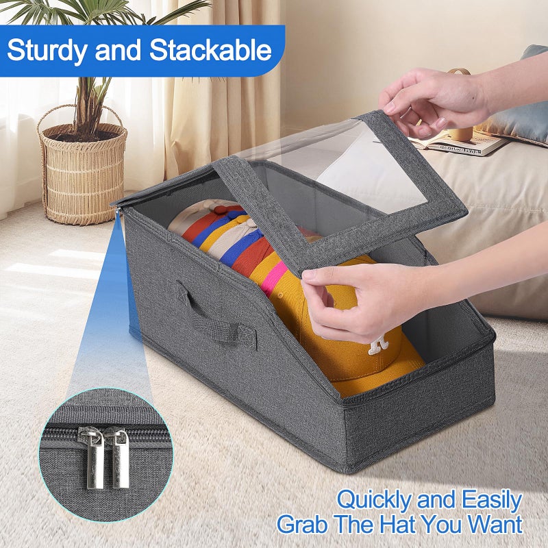 Dofilachy 2 PCS Stackable Hat Storage for Baseball Caps with Clear Window Lidï¼ŒHolds up to 28 Caps Hat Organizer Boxes for Closetï¼ŒSturdy Snapback Baseball Cap Organizer for Closet Shelf Use (Deep Grey) - Image 4