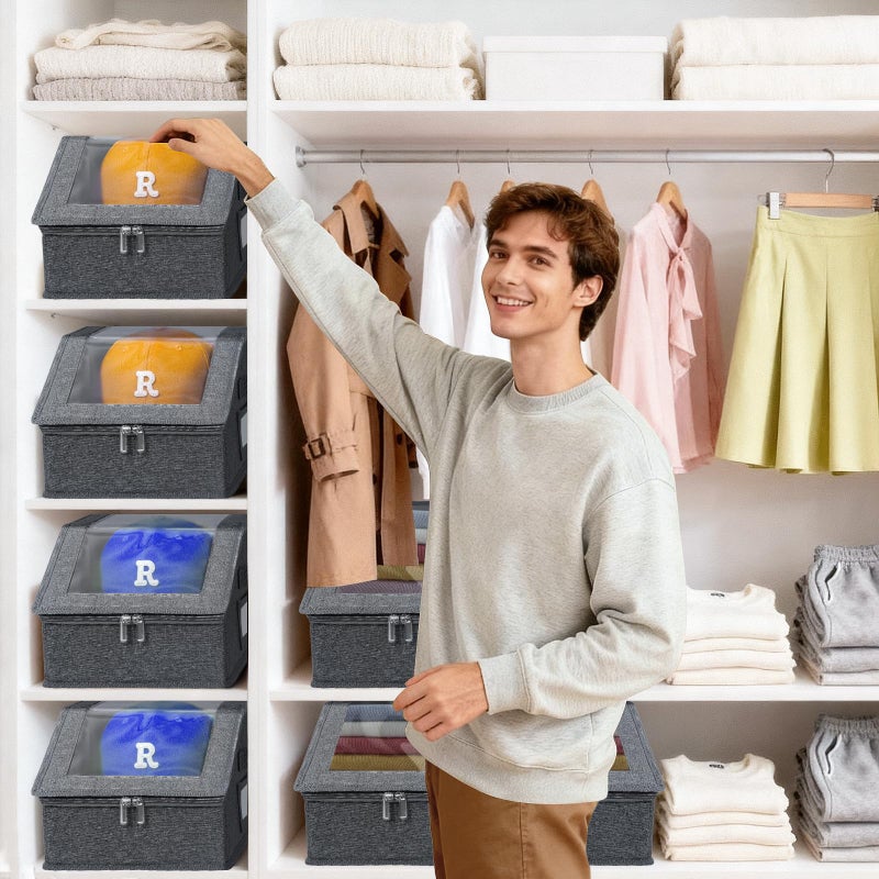 Dofilachy 2 PCS Stackable Hat Storage for Baseball Caps with Clear Window Lidï¼ŒHolds up to 28 Caps Hat Organizer Boxes for Closetï¼ŒSturdy Snapback Baseball Cap Organizer for Closet Shelf Use (Deep Grey) - Image 2