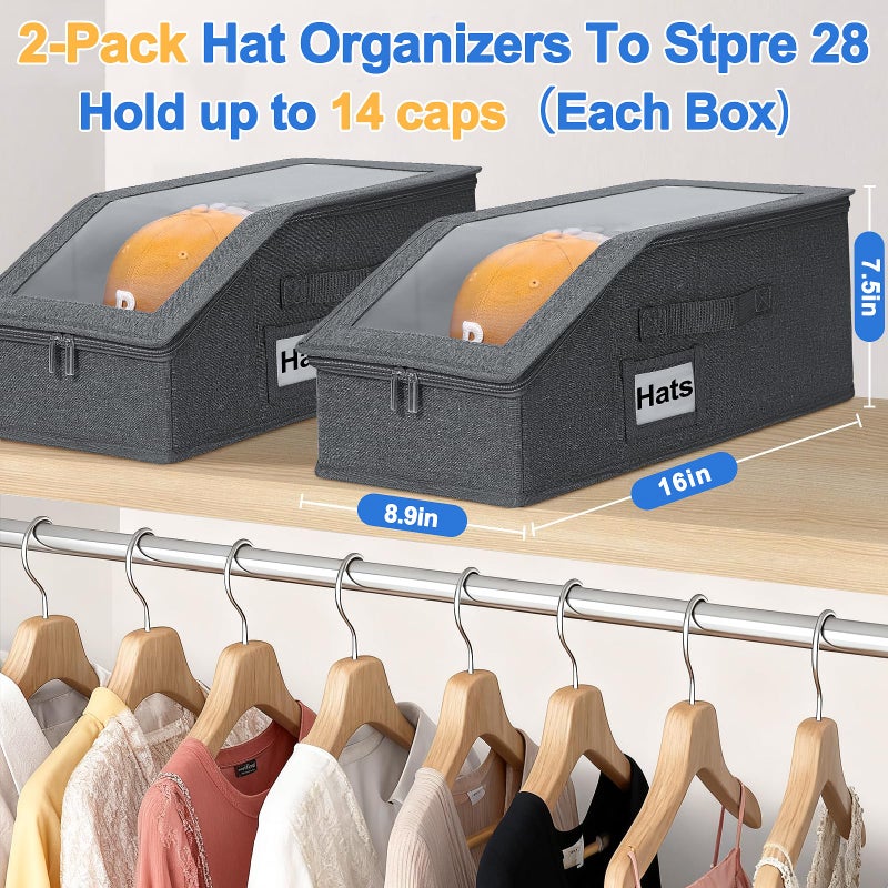 Dofilachy 2 PCS Stackable Hat Storage for Baseball Caps with Clear Window Lidï¼ŒHolds up to 28 Caps Hat Organizer Boxes for Closetï¼ŒSturdy Snapback Baseball Cap Organizer for Closet Shelf Use (Deep Grey) - Image 3