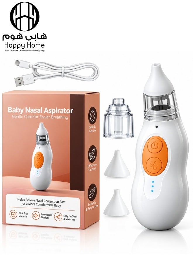 Happy Home Electric Baby Nasal Aspirator with 3 Soft Silicone Tips, USB Rechargeable Nose Suction Cleaner with Transparent Mucus Collection Cup, Gentle Low-Noise Nasal Suction Device, BPA-Free Material, Easy-Clean Portable Infant Nose Aspirator for Home and Travel – White/Orange - Image 1