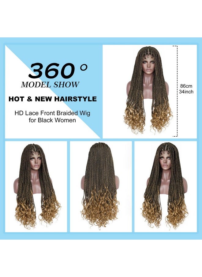 Ebingoo Bingoo 34In Braided Lace Front Wig For Black Women +Wig Cap Double Lace Front Wig African American Knotless Box Braided Wig Lace Frontal Synthetic Lace Front Wigs For Black Women Dairly Wear  - Image 4