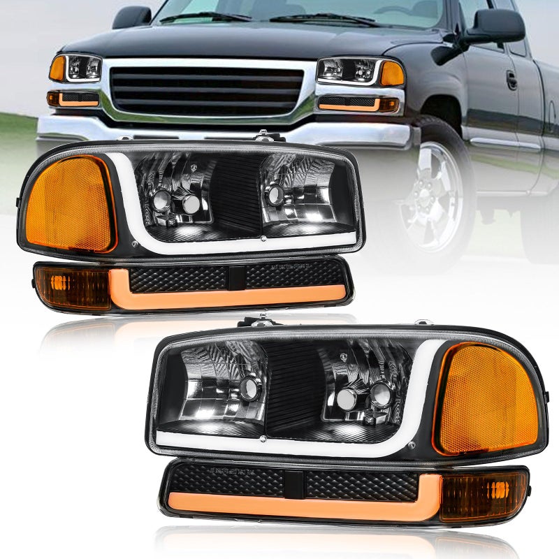 Fullux LED DRL Headlights Assembly fit 1999-2007 GMC Sierra/2000-2006 Yukon XL 1500 2500 No Denali Models Replacements Black Housing Amber Reflector - Image 1