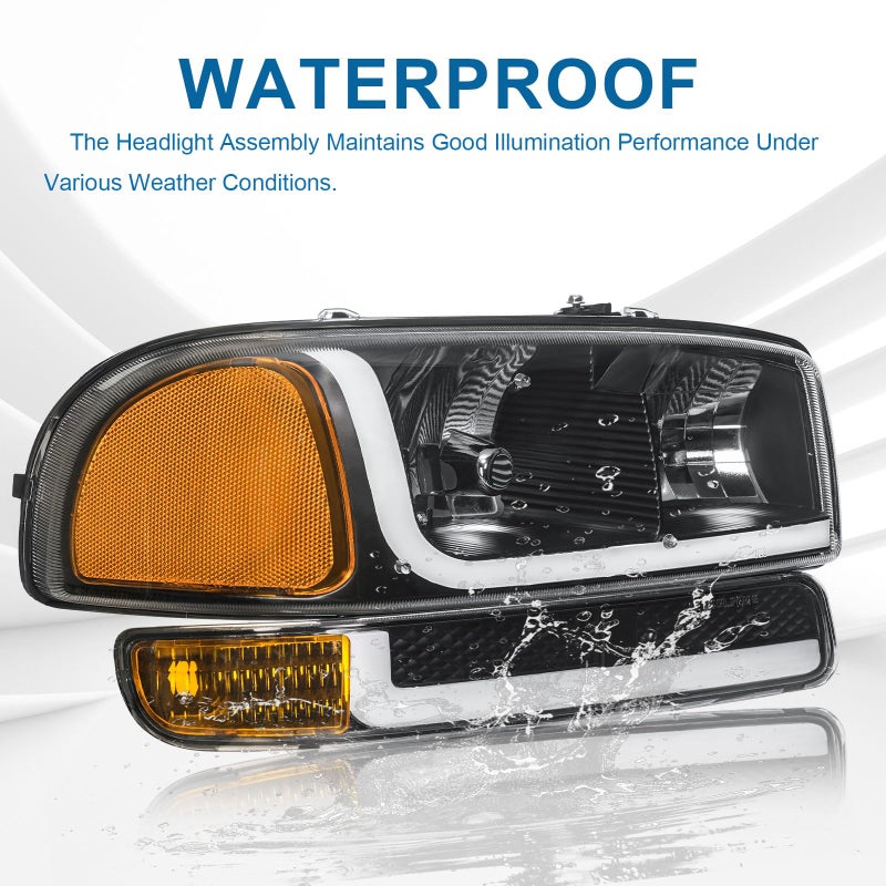 Fullux LED DRL Headlights Assembly fit 1999-2007 GMC Sierra/2000-2006 Yukon XL 1500 2500 No Denali Models Replacements Black Housing Amber Reflector - Image 5