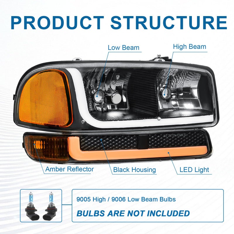 Fullux LED DRL Headlights Assembly fit 1999-2007 GMC Sierra/2000-2006 Yukon XL 1500 2500 No Denali Models Replacements Black Housing Amber Reflector - Image 3