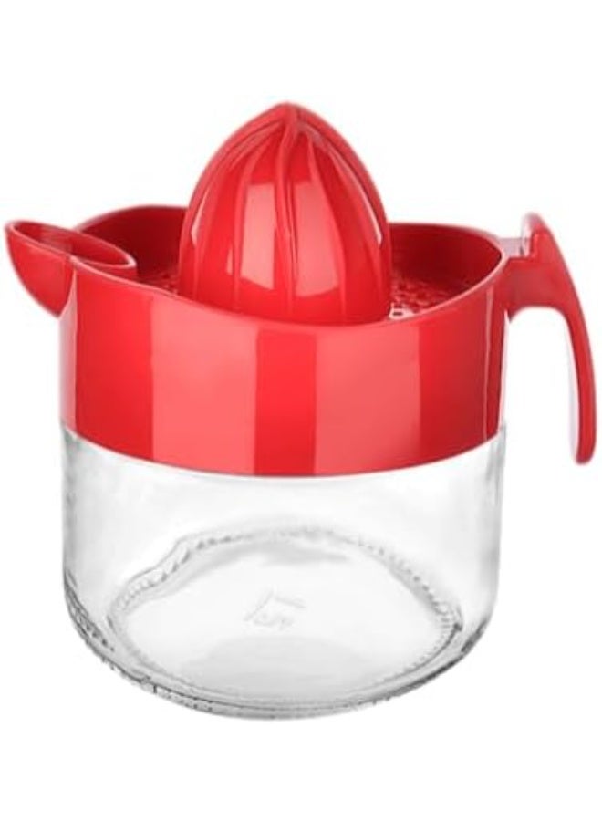 Glass Citrus Juice Squeezer with Handle – 300 ml (10 oz) Manual Juicer for Lemons, Oranges & Limes – Classic Handheld Reamer with Pour Spout & Measurement Marks (Red)