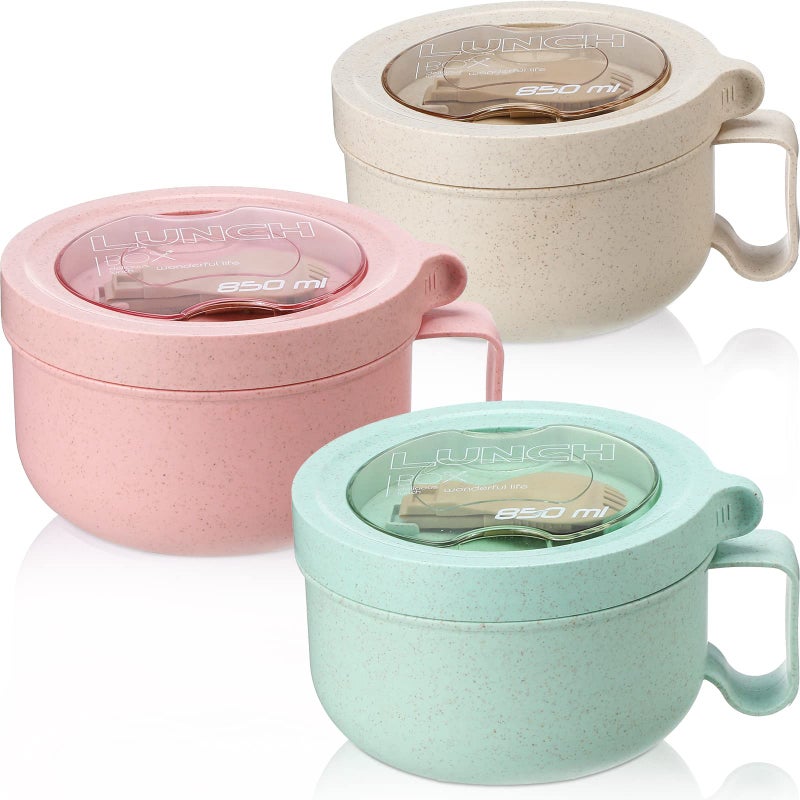3 Pcs Wheat Straw Soup Bowls with Spork Large Soup Mugs with Lids Instant Ramen Noodles Bowl Soup Cup with Handle Instant Cooking Bowls for Travel Food Containers Beige Pink Green 2874 oz