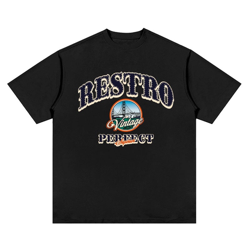 Style Retro Simple City boy Style Printed Hip Hop Big Red Heavy Loose Shoulder Short-sleeved T-shirt Trendy - Image 3