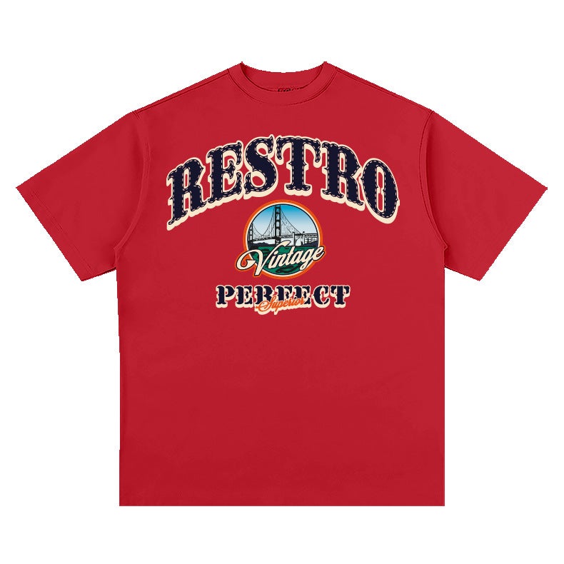 Style Retro Simple City boy Style Printed Hip Hop Big Red Heavy Loose Shoulder Short-sleeved T-shirt Trendy - Image 2