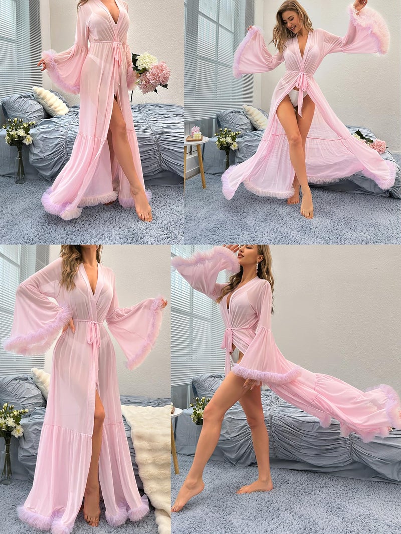 OYOANGLE Women's Ruffle Trim Long Sleeve Belted Sheer Mesh Wedding Bride Robe Nightgown Light Pink Large - Image 4