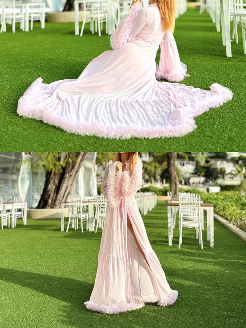 OYOANGLE Women's Ruffle Trim Long Sleeve Belted Sheer Mesh Wedding Bride Robe Nightgown Light Pink Large - Image 3