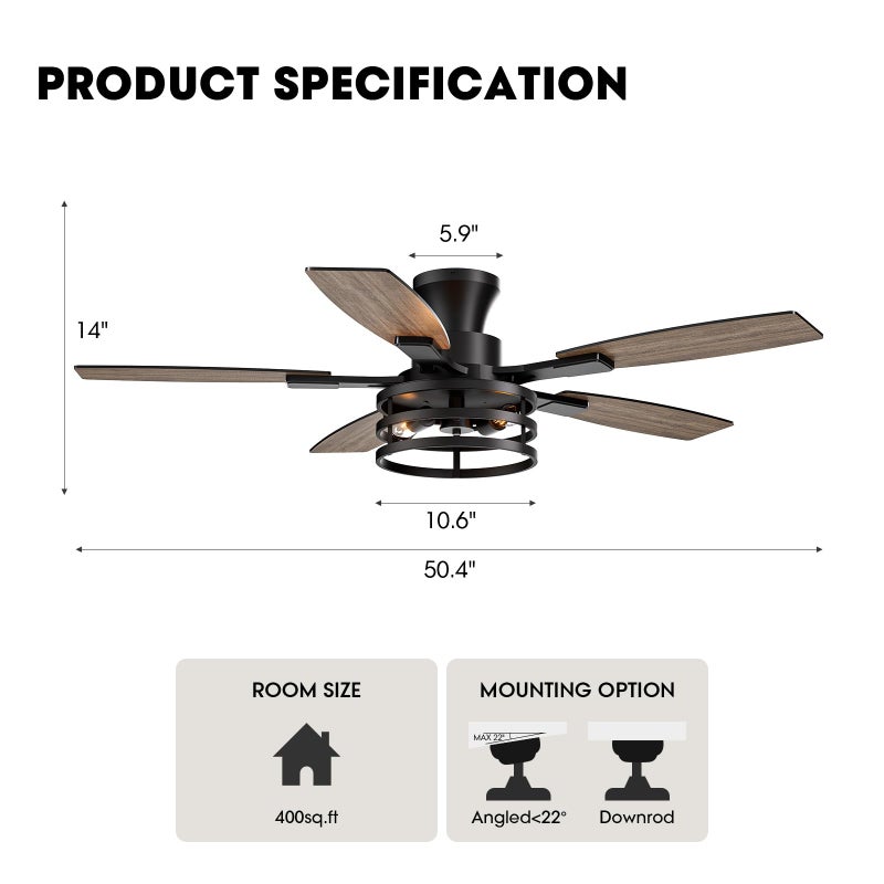 LuminFan 46 Inch Flush Mount Ceiling Fans with Lights and Remote Control, Low Profile Farmhouse Ceiling Fan for Bedroom Living Room and Patio, Black Caged Ceiling Fan for Indoor and Outdoor - Image 2