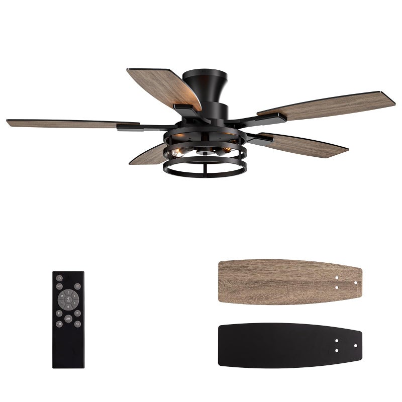 LuminFan 46 Inch Flush Mount Ceiling Fans with Lights and Remote Control, Low Profile Farmhouse Ceiling Fan for Bedroom Living Room and Patio, Black Caged Ceiling Fan for Indoor and Outdoor - Image 1
