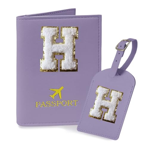 COSHAYSOO Purple Initial Passport Cover Holder and Luggage Tag Set TSA Approved with Letter Name Patch for Women Teenage, Travel Passport Book Vaccine Card Combo Bag Suitcase Identifier (H) - Image 1