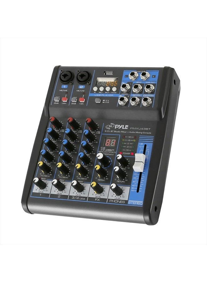 Pyle Professional Audio Mixer Sound Board Console System Interface 4 Channel Digital USB Bluetooth MP3 Computer Input 48V Phantom Power Stereo DJ Studio Streaming FX 16-Bit DSP processor-PMXU43BT - Image 1