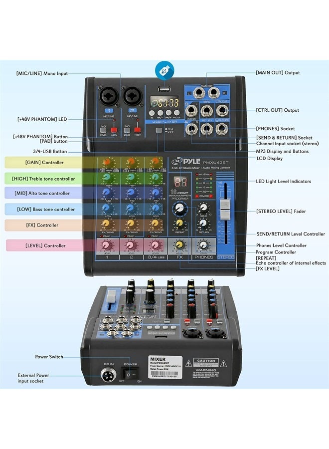 Pyle Professional Audio Mixer Sound Board Console System Interface 4 Channel Digital USB Bluetooth MP3 Computer Input 48V Phantom Power Stereo DJ Studio Streaming FX 16-Bit DSP processor-PMXU43BT - Image 2