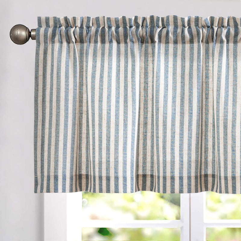 jinchan Valance Curtain Linen Textured Striped Window Curtain for Living Room Light Filtering Ticking Stripe Farmhouse Valance for Kitchen Rod Pocket 1 Panel 16 Inch Blue on Linen 1 Panel