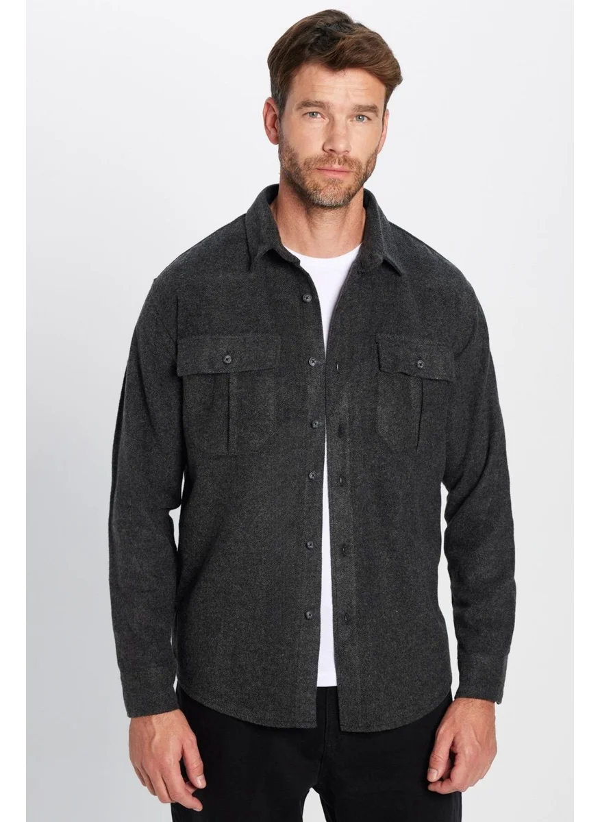 Tudors Men's Relax Fit Casual Cut Lumberjack Double Pocket Buttoned Gray Plain Winter Shirt