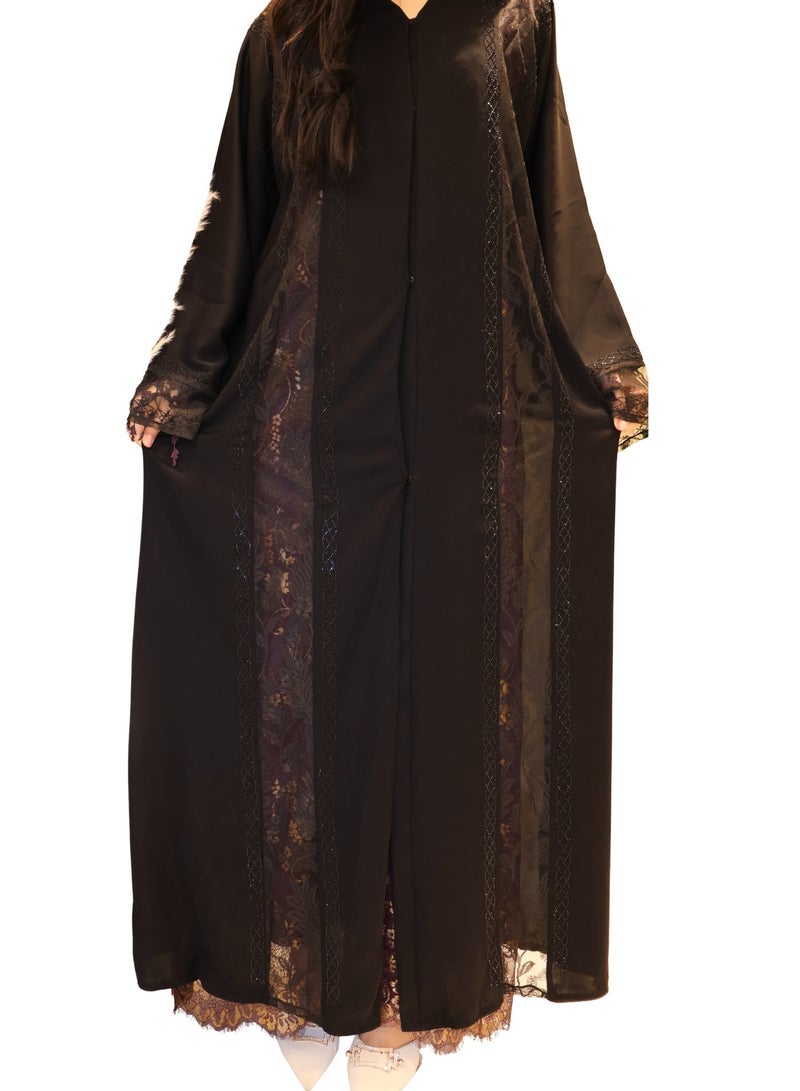 Royal Vision Black Lace Abaya with Beaded Embellishment - Image 2