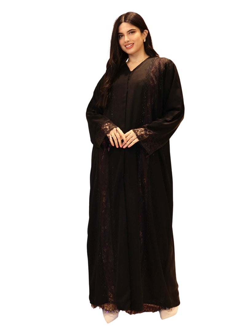Royal Vision Black Lace Abaya with Beaded Embellishment - Image 3