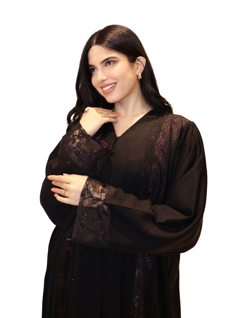 Royal Vision Black Lace Abaya with Beaded Embellishment - Image 1