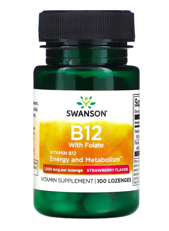 سوانسون فيتامين ب 12 مع الفولات ، الفراولة ، 1،000 مكجم ، 100 قرص استحلاب