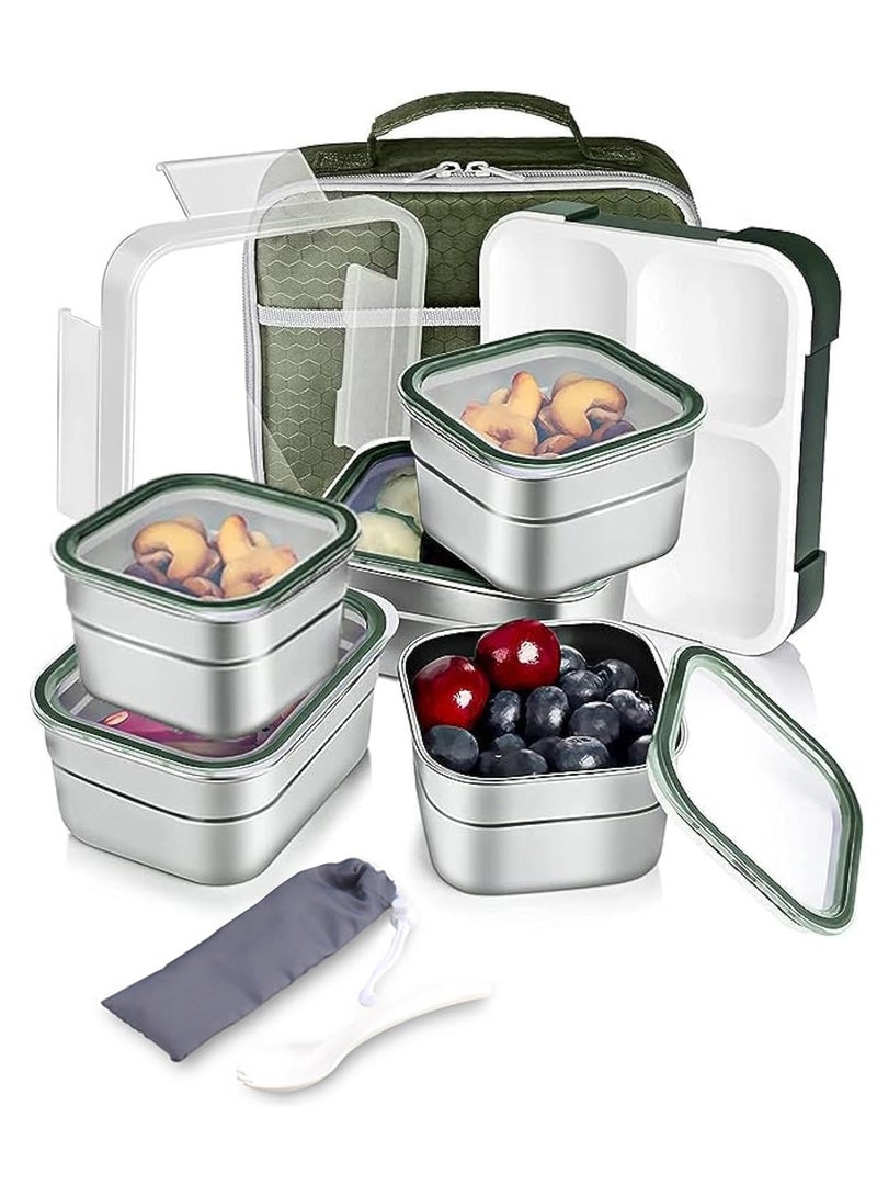 Kids School Stainless Steel Lunch Box Insulated Bento Lunch Box with Cutlery and Bag 5 Compartments Divided Lunch Container with Lid  (Green 1000ML) - Image 1