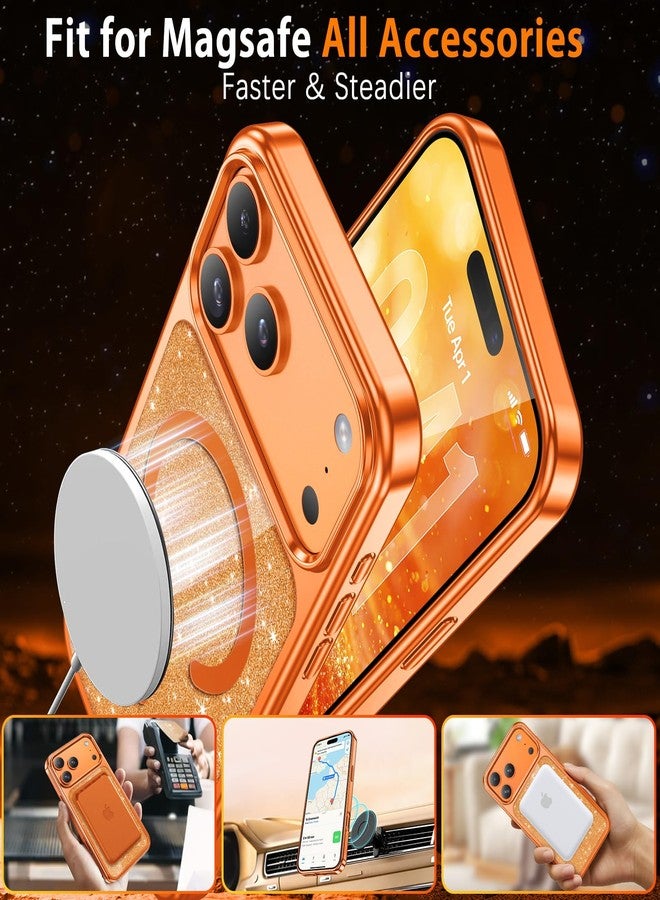جراب GUAGUA Sparkle المغناطيسي لهاتف iPhone 17 Pro Max للنساء، [بطاقة كريستال لامعة] [متوافق مع MagSafe] غطاء حماية أنيق ونحيف مقاوم للصدمات لهاتف iPhone 17 Pro Max مقاس 6.9 بوصة، لون برتقالي كوني - Image 4