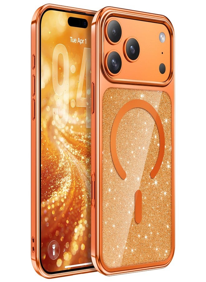 جراب GUAGUA Sparkle المغناطيسي لهاتف iPhone 17 Pro Max للنساء، [بطاقة كريستال لامعة] [متوافق مع MagSafe] غطاء حماية أنيق ونحيف مقاوم للصدمات لهاتف iPhone 17 Pro Max مقاس 6.9 بوصة، لون برتقالي كوني - Image 1