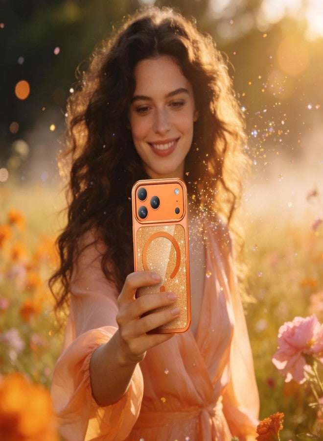 جراب GUAGUA Sparkle المغناطيسي لهاتف iPhone 17 Pro Max للنساء، [بطاقة كريستال لامعة] [متوافق مع MagSafe] غطاء حماية أنيق ونحيف مقاوم للصدمات لهاتف iPhone 17 Pro Max مقاس 6.9 بوصة، لون برتقالي كوني - Image 2